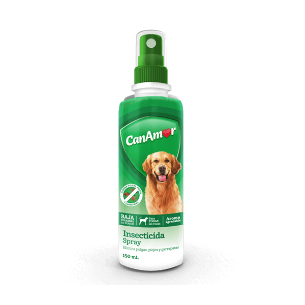 Botella con spray insecticida CanAmor de color verde, con ilustración de un golden retriever.