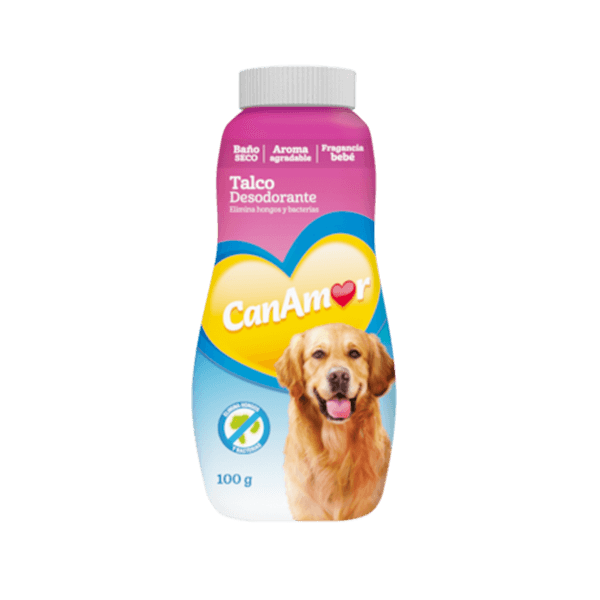Botella de desodorante de talco CanAmor para perros con la imagen de un golden retriever. Colores rosa, azul y amarillo.