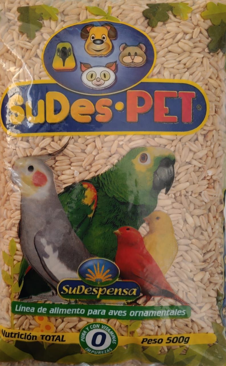 Bolsa de alpiste con loro y otras aves en la parte frontal. Marca 