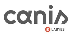 Logotipo de Canis Labyes: marca denominativa gris con logotipo circular rojo y blanco debajo.