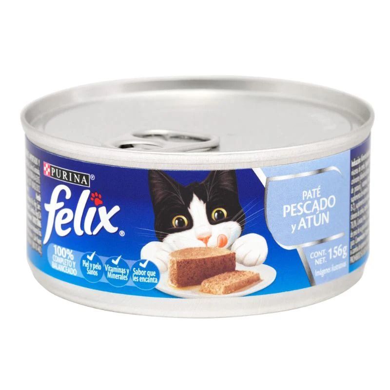 Lata de comida para gatos Purina Felix, etiqueta azul con paté de gato y pescado.