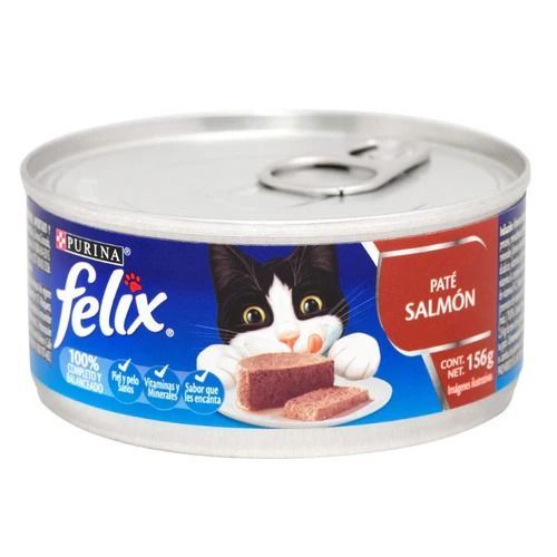 Lata de alimento para gatos Purina Felix, sabor a paté de salmón. Presenta un gato blanco y negro. Detalles del producto.