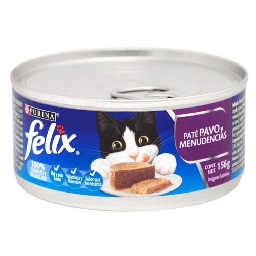 Comida enlatada para gatos Felix con un gato blanco y negro, paté y las palabras 