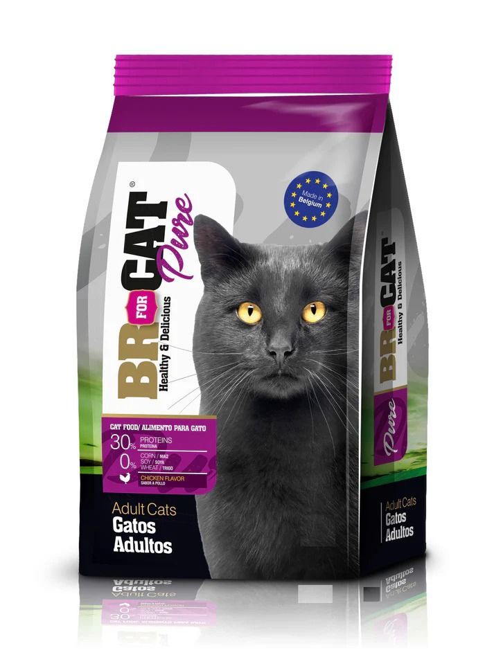 Bolsa de alimento puro para gatos BR CAT, con imagen de un gato negro e información nutricional.