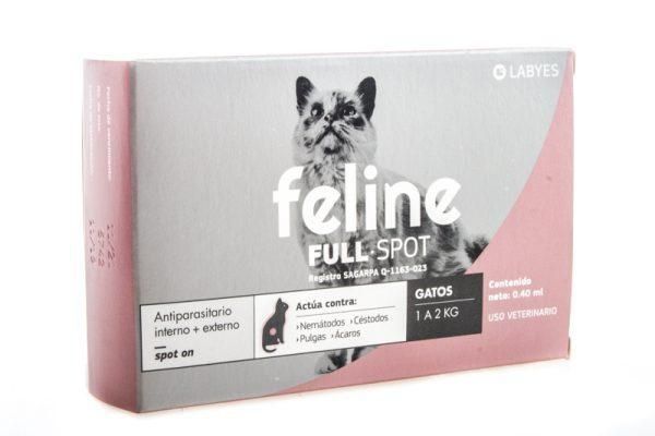Caja de “Feline Full Spot” para gatos; color rosa y blanco, con ilustración de gato e información del producto.