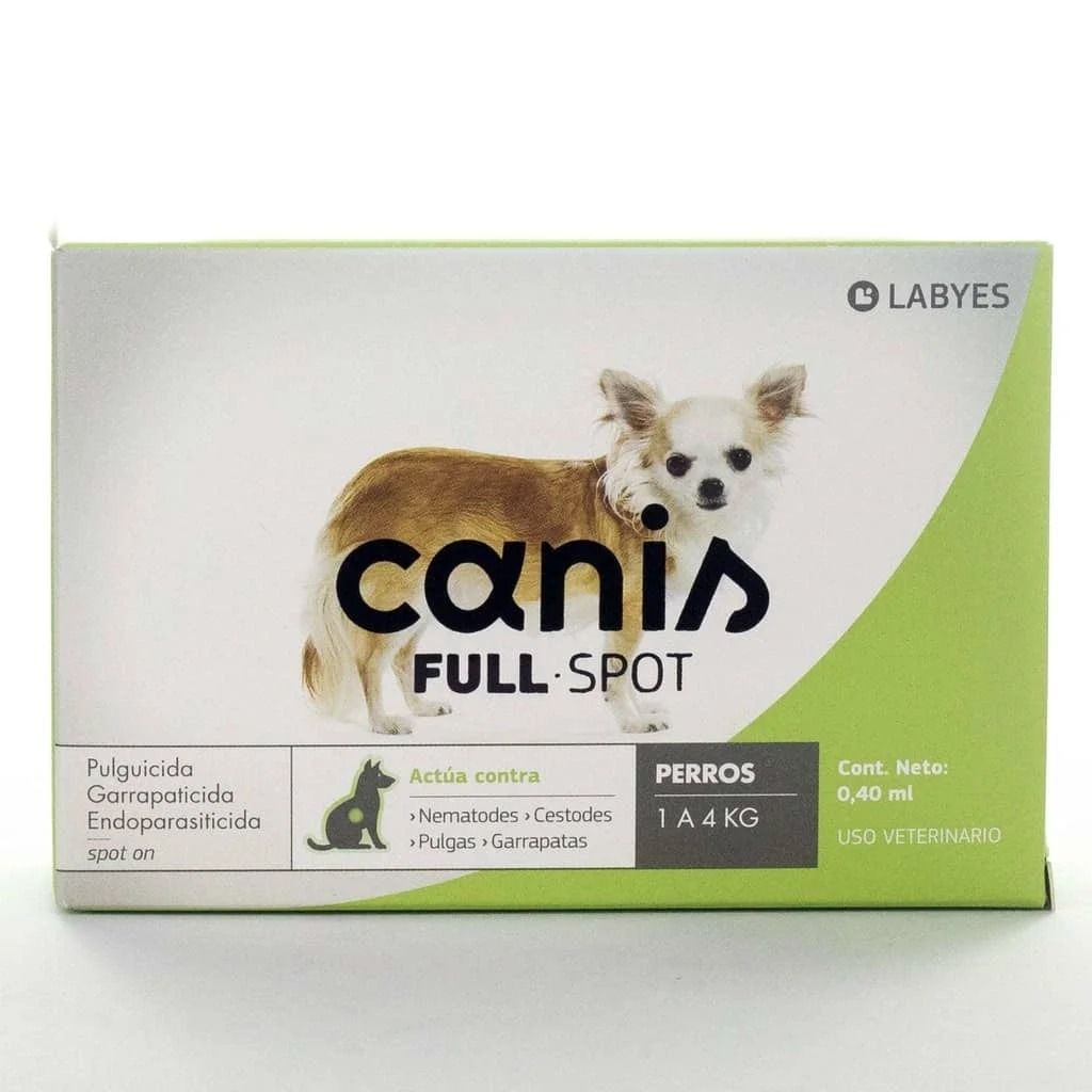 Caja de "canis FULL SPOT" para perros, con imagen y texto del perro.