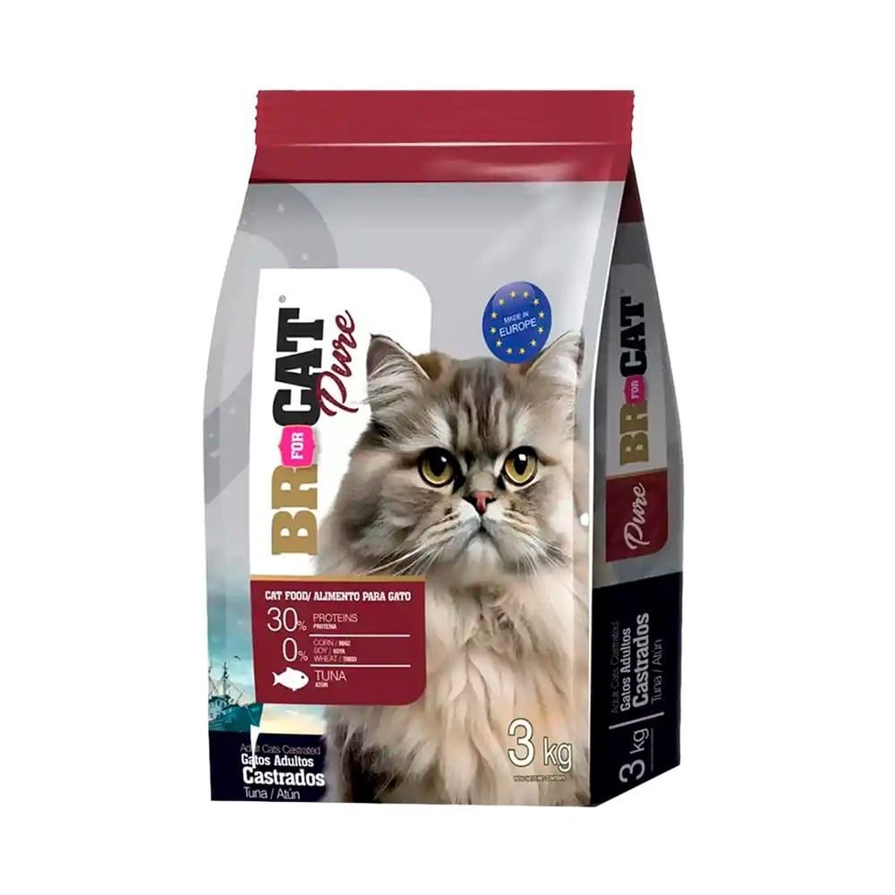 Bolsa de comida para gatos con un gato persa, texto: 