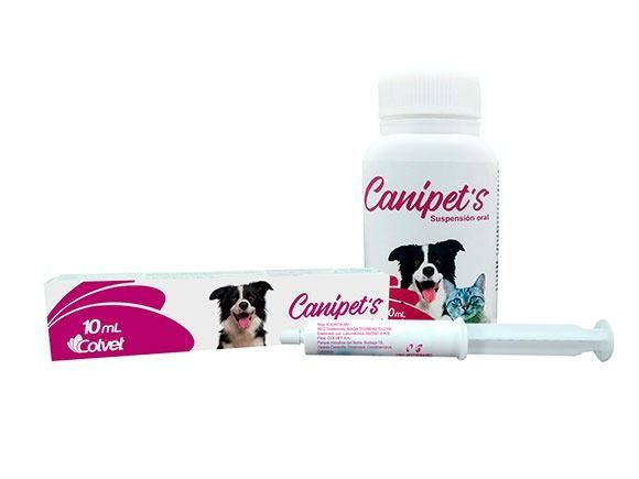 Suplemento Canipet para perros. Contiene un frasco, un tubo y una jeringa, todos con imágenes y textos de perros.
