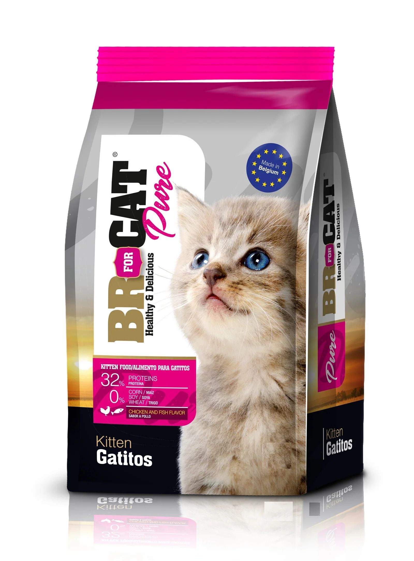 Bolsa de alimento puro para gatos BR CAT, con la imagen de un gatito con ojos azules y detalles en rosa.