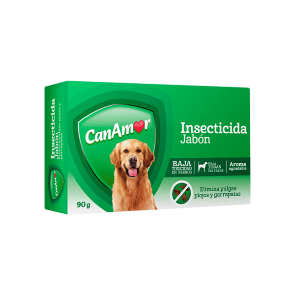 Caja de jabón insecticida verde CanAmor para perros; la etiqueta del producto muestra un golden retriever.