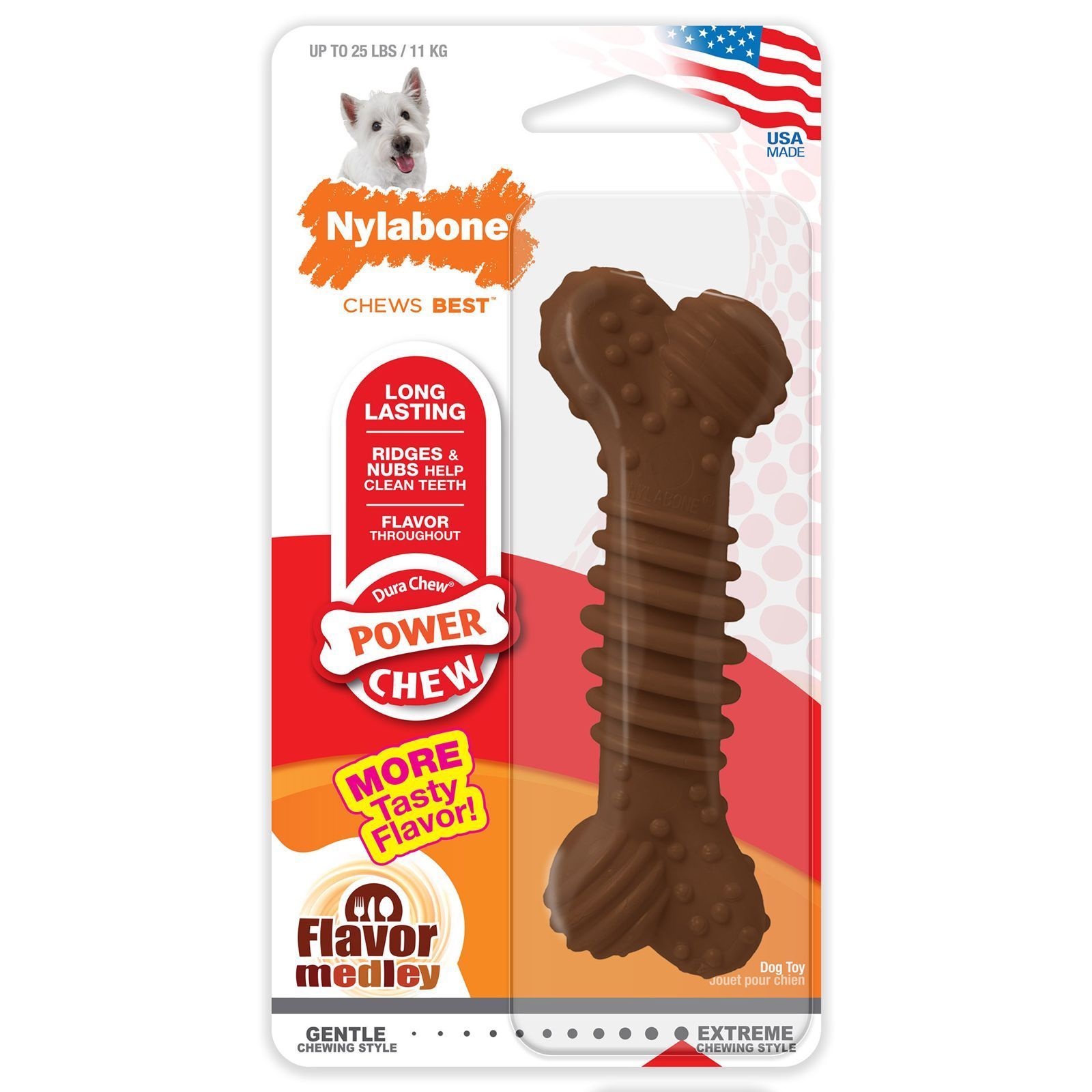 Juguete masticable Nylabone en embalaje, con forma de hueso, de color marrón, con etiquetas
