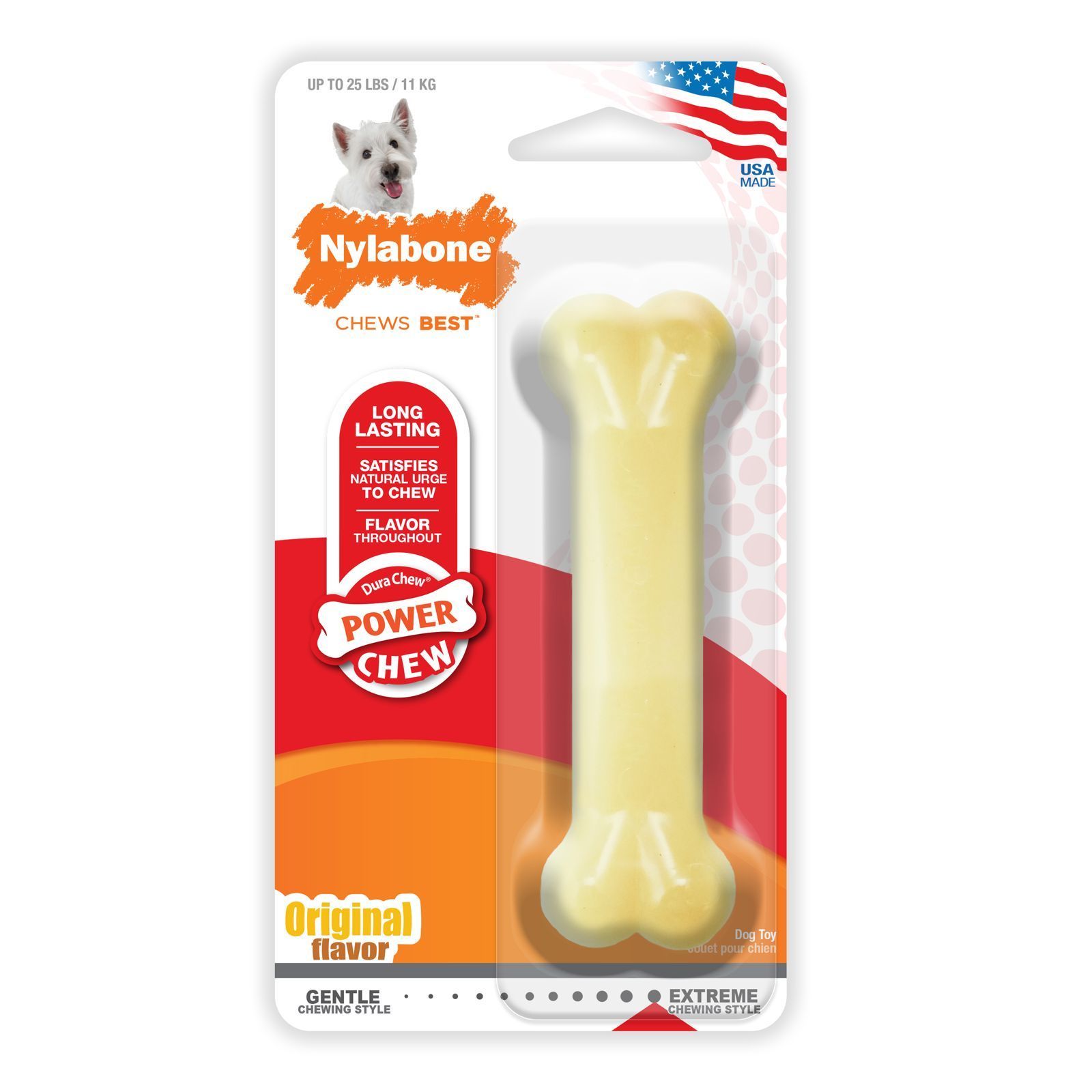Juguete masticable para perros Nylabone Power Chew con forma de hueso en embalaje con bandera de EE. UU.
