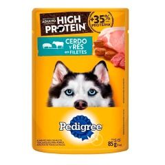 Bolsa de alimento para perros Pedigree con husky y carne de cerdo y ternera en filetes.