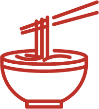 Red line icon of a bowl with noodles lifted by chopsticks