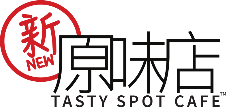 Red Chinese logo for Tasty Spot Cafe with black English text and a red “NEW” stamp