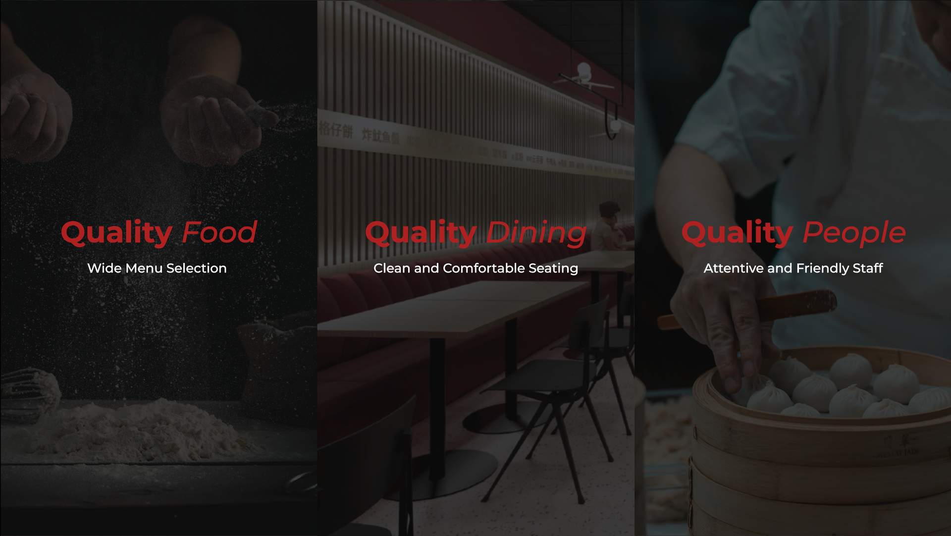 Three-panel restaurant promo with dark food photos and red “Quality Food” text.