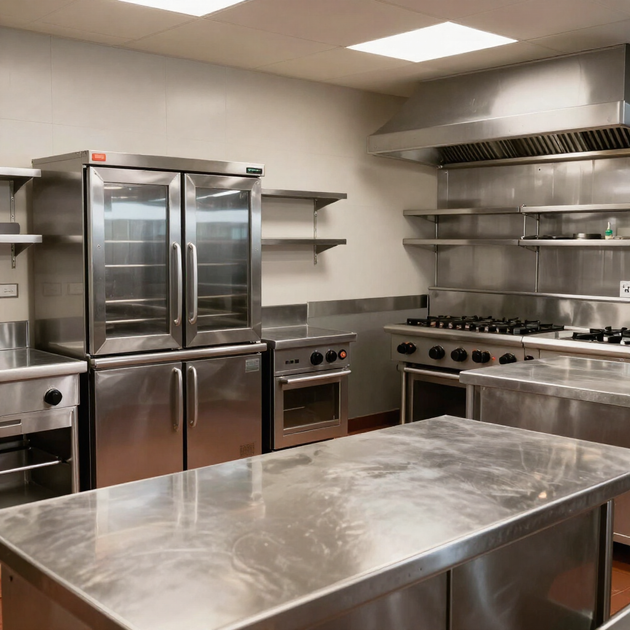 Stainless steel commercial kitchen with prep tables, shelves, ovens, and a large vent hood