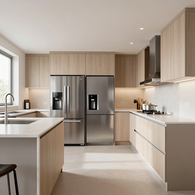 Modern kitchen with light wood cabinets, stainless steel appliances, and a large island.