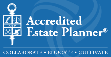Logo for Accredited Estate Planner with a white and blue color scheme, featuring a key design and the words 