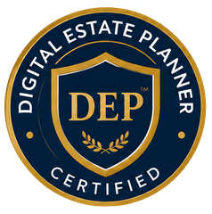 Blue logo for Accredited Estate Planner, featuring a stylized key and the tagline