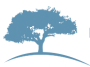 Blue silhouette of a tree with a full canopy over a curved horizon line, against a white background.