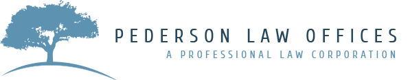Logo for Pederson Law Offices, a professional law corporation. Features a blue tree and text.
