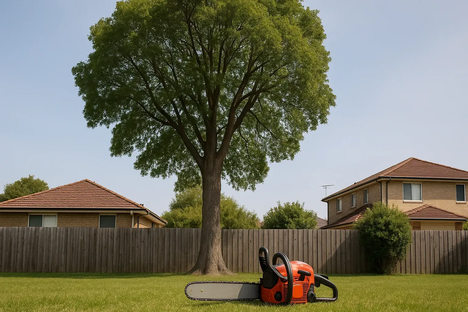 A large tree stands in a suburban backyard with a wooden fence and two brick houses in the backgroun