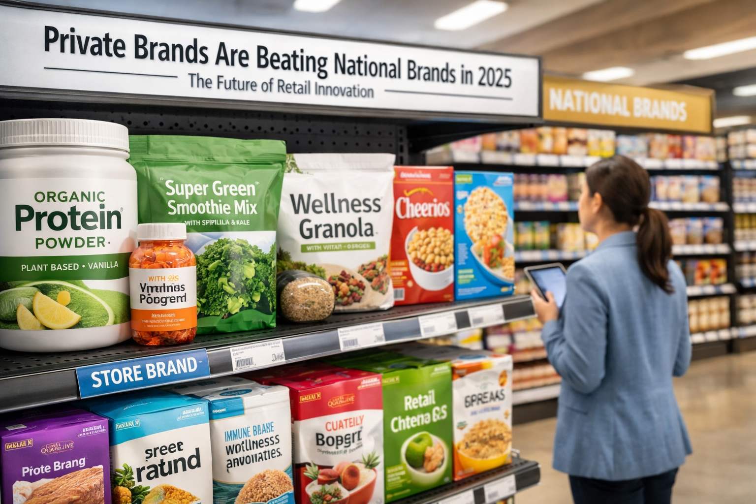 Grocery aisle showcasing private brand functional foods outperforming national brands as a retailer
