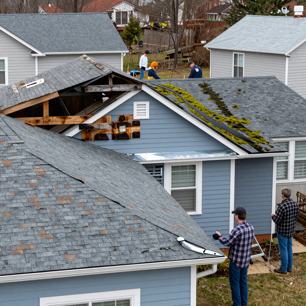 Workers inspecting storm-damaged rooftops on a residential house with exposed rafters and missing shingles