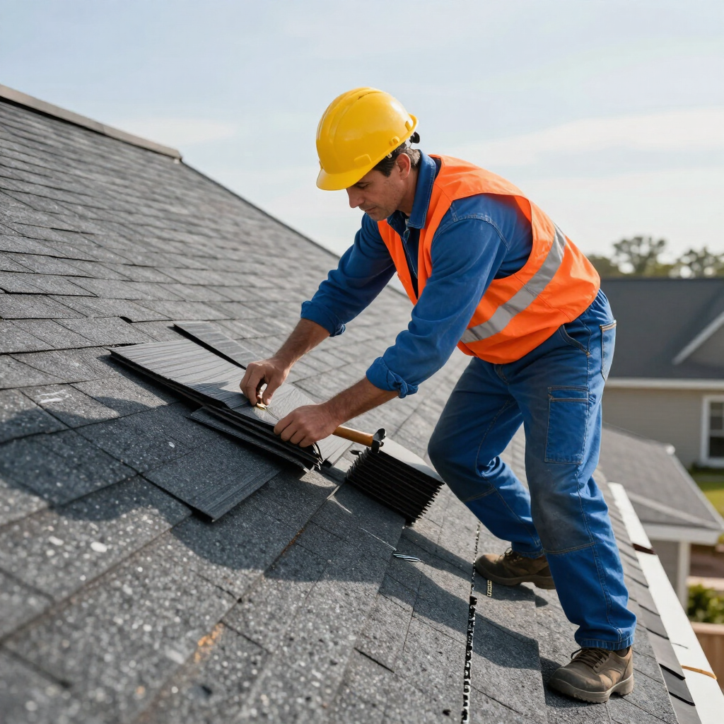 Worker installing shingles on a rooftop, wearing a yellow hard hat and orange safety vest