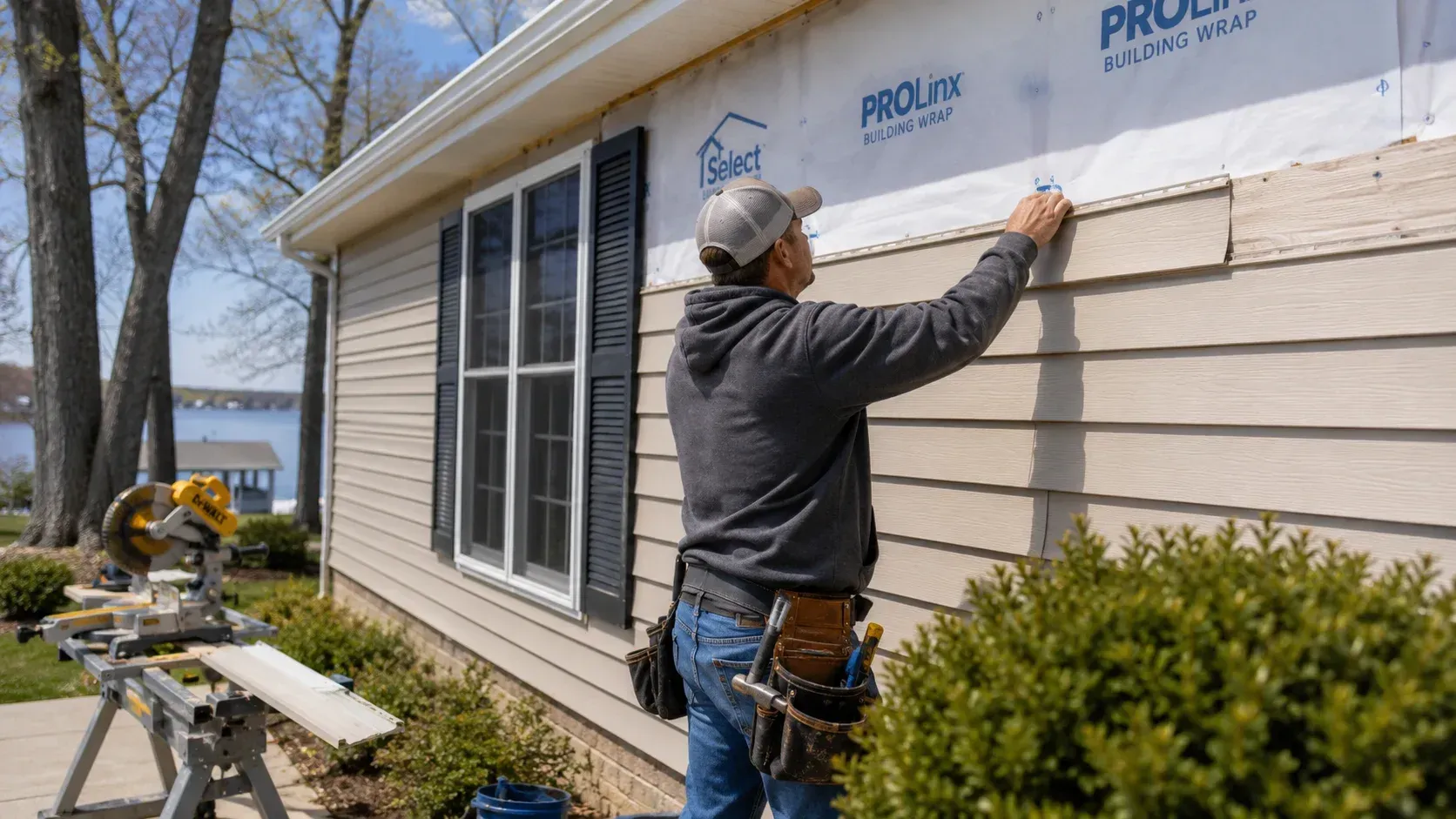 Contractor attaching beige siding panels to a house wall during vinyl siding installation.