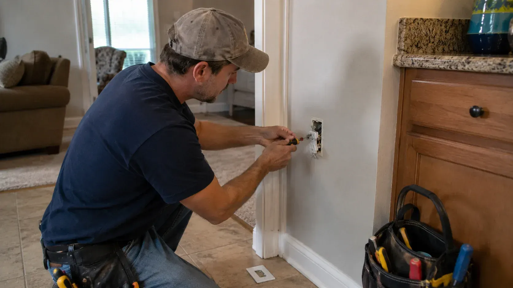 Handyman replacing an electrical outlet switch, showcasing the most common handyman repairs needed.