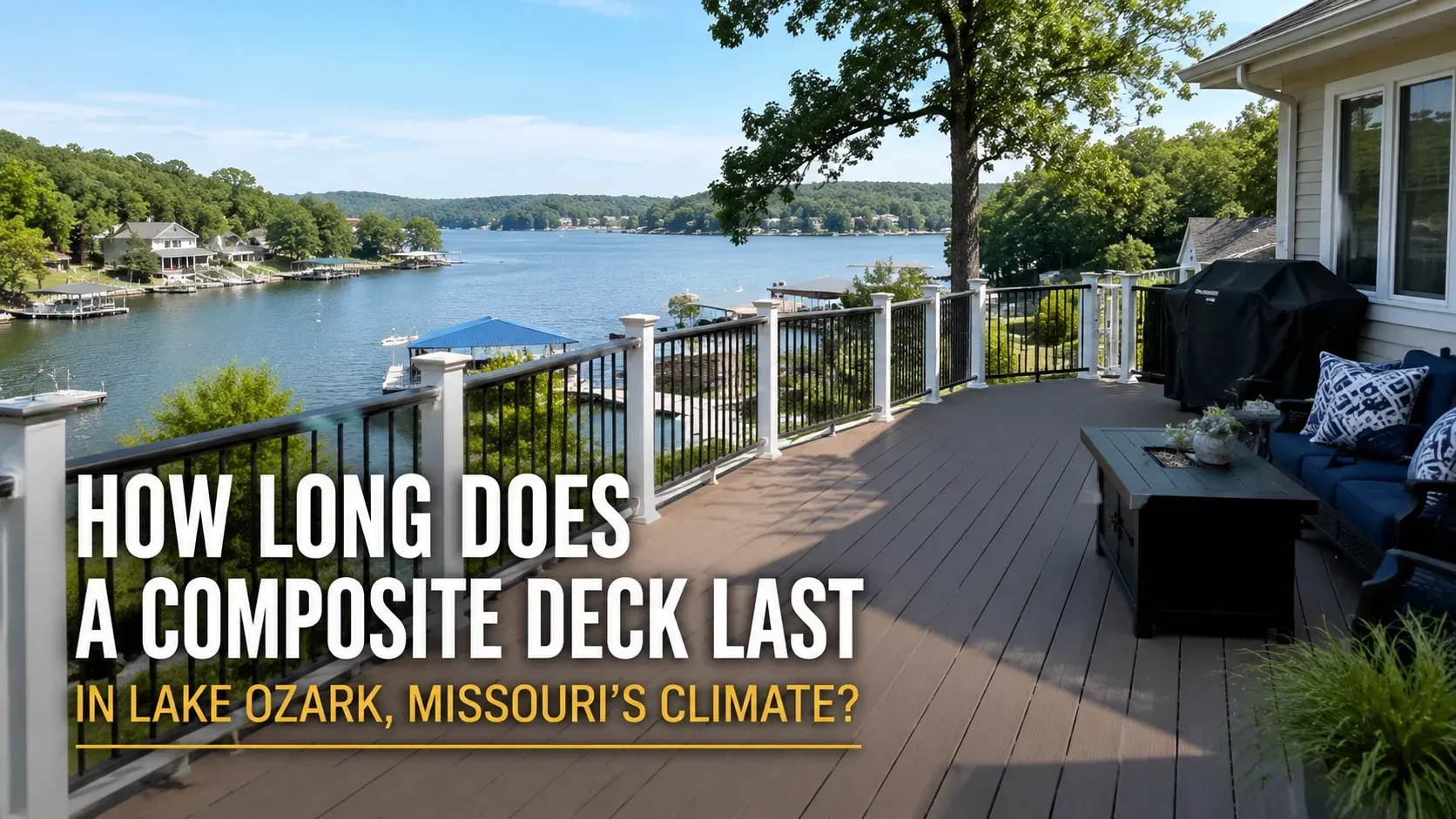 A beautiful composite deck with a black railing overlooking the water at Lake of the Ozarks, featuring text overlay asking how long does a composite deck last.