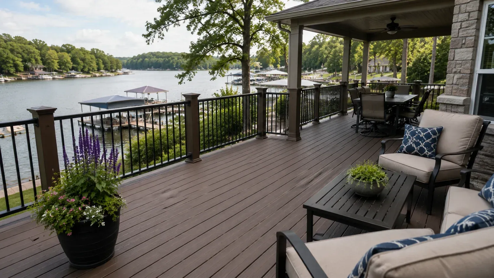 A lakeside deck showing how long does a composite deck last in humid Lake of the Ozarks weather.
