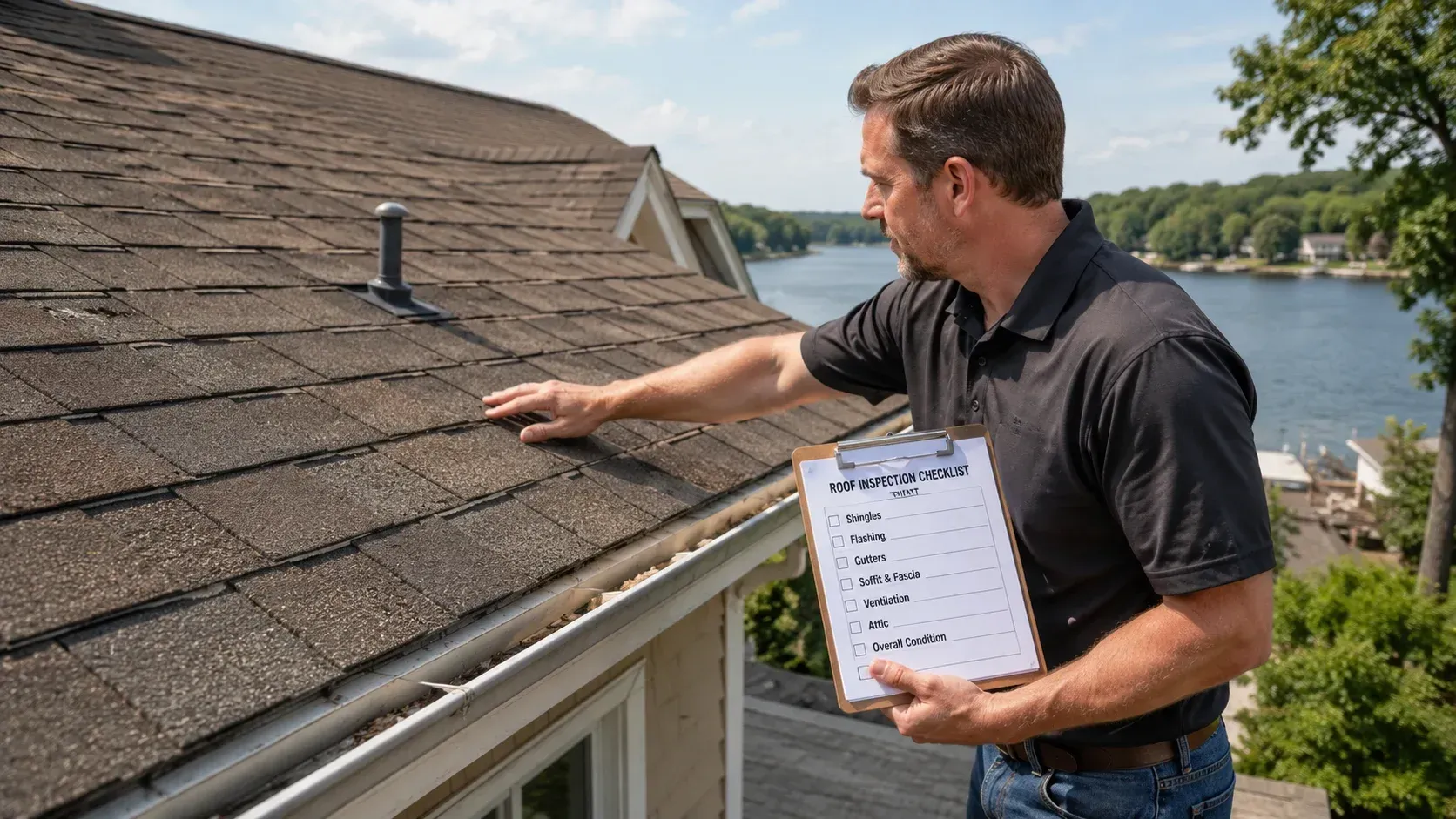 An inspector with a checklist showing what should you look for during a roof inspection.