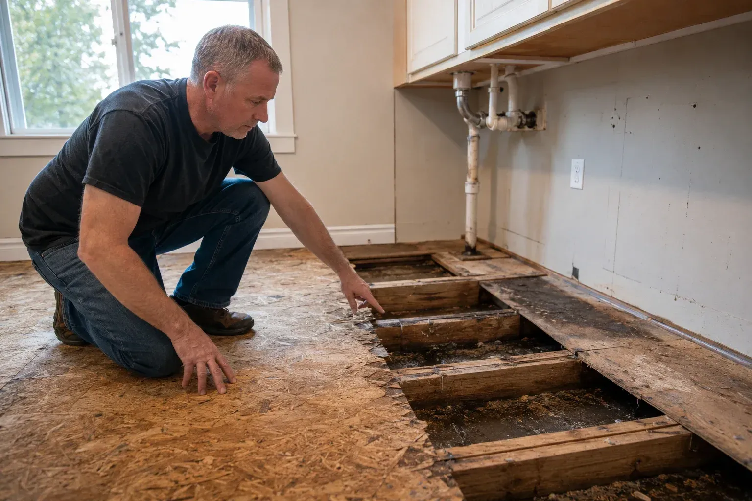 A contractor inspecting water-damaged subfloor boards under removed kitchen flooring, illustrating how do you know if a soft kitchen floor means you need subfloor repair instead of new flooring.