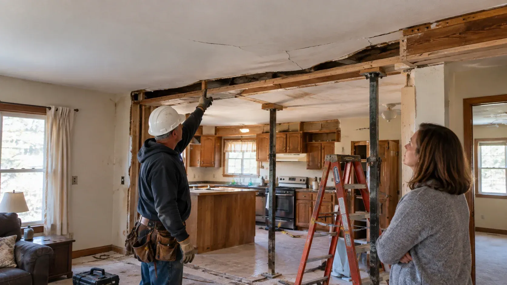 Contractor inspects kitchen framing with support props and ceiling damage in a remodel.