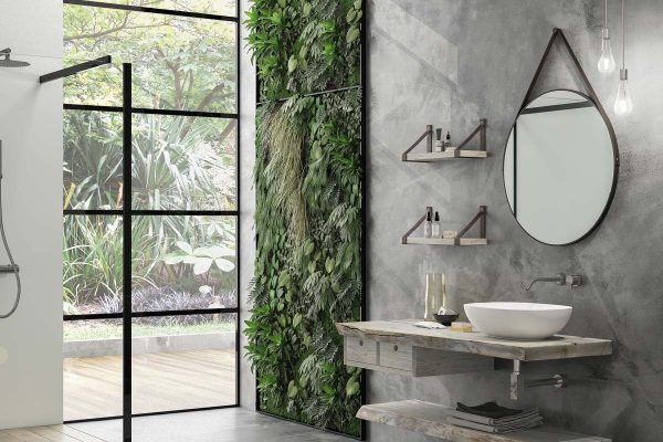 bagno con lavabo, specchio e doccia