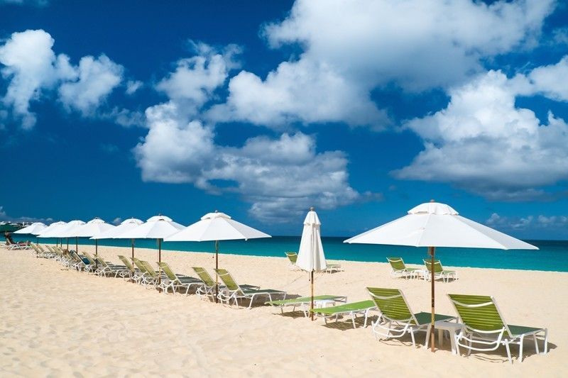 A row of chairs and umbrellas on a beach