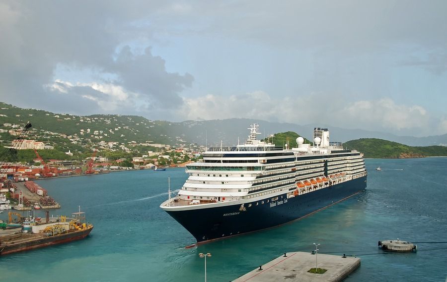 A large cruise ship is docked in a harbor