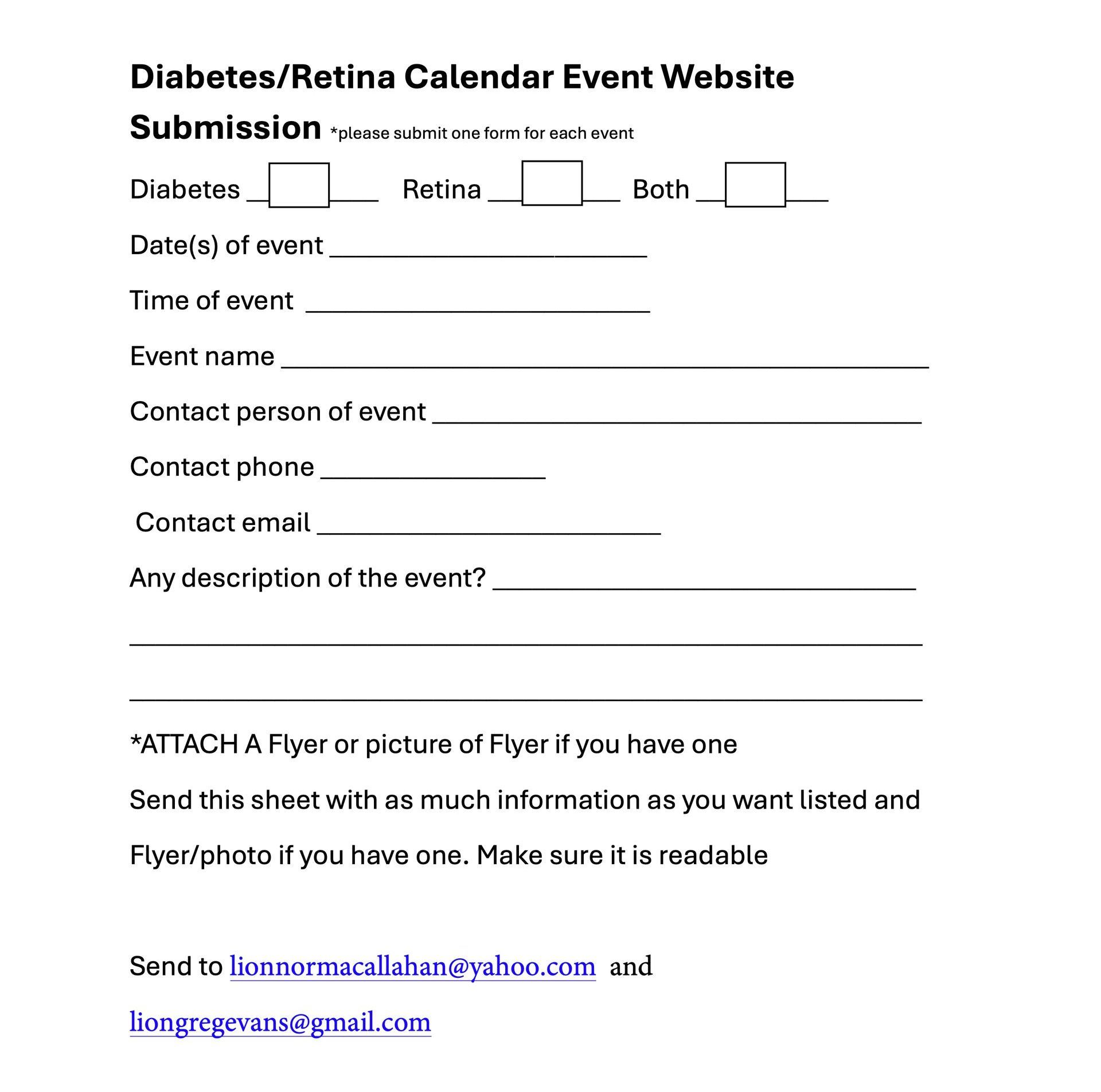 A diabetes / retina calendar event website submission form