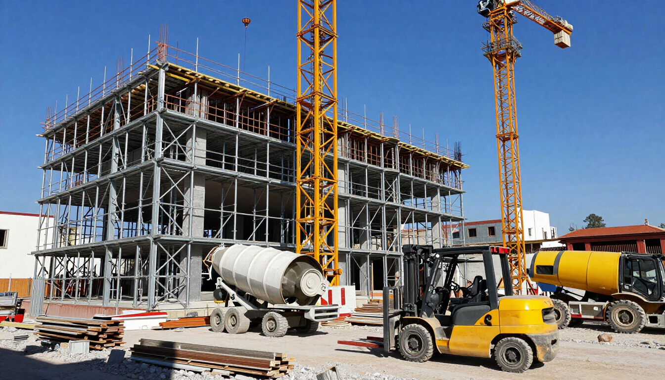 Andamios de acero en obra de construcción profesional en Puebla.