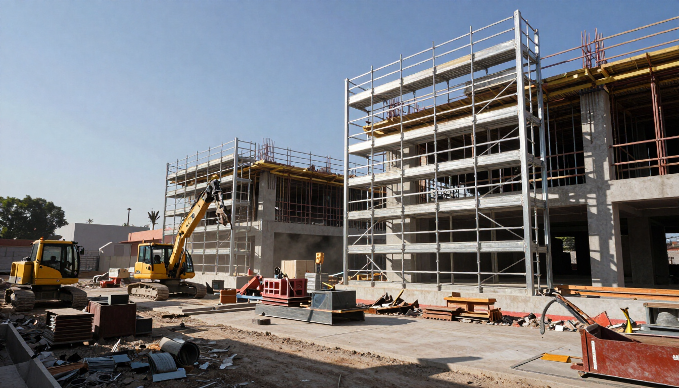 Andamios de acero en una obra de construcción en Puebla