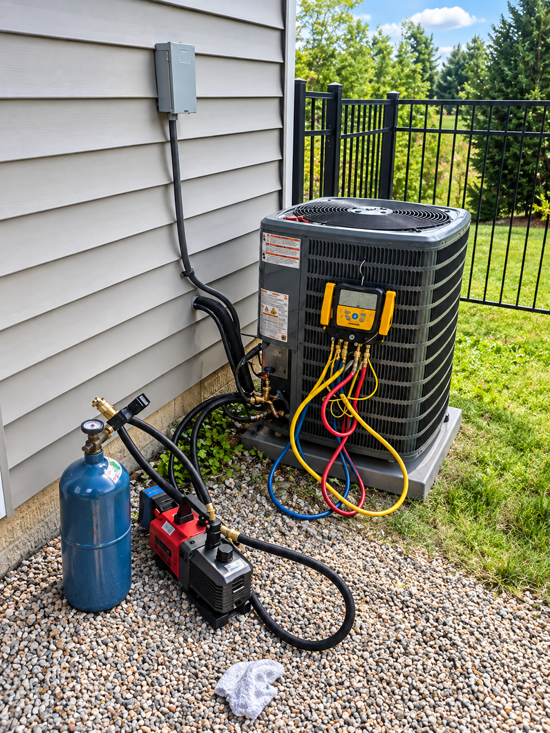 Outdoor air conditioner unit with attached hoses, blue tank, and battery pack beside a house wall
