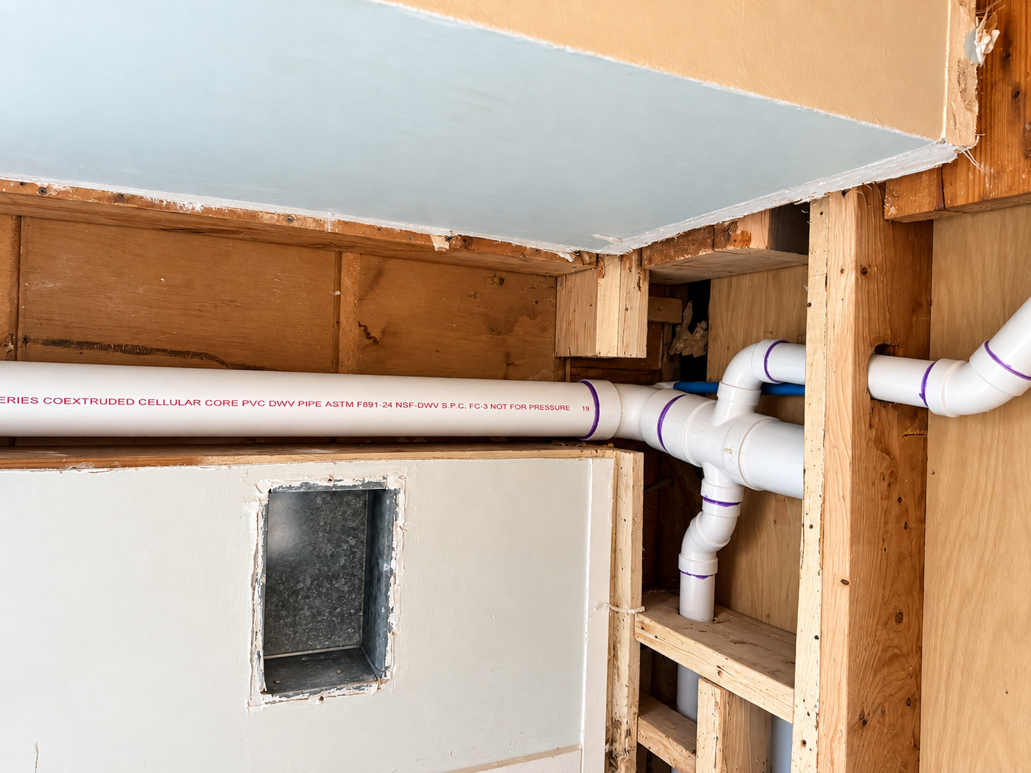 White PVC plumbing pipes running through exposed wooden framing inside a wall cavity