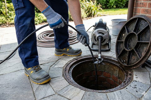 A worker in work pants and gloves feeds a sewer cleaning machine cable into an open outdoor drain on a stone patio.