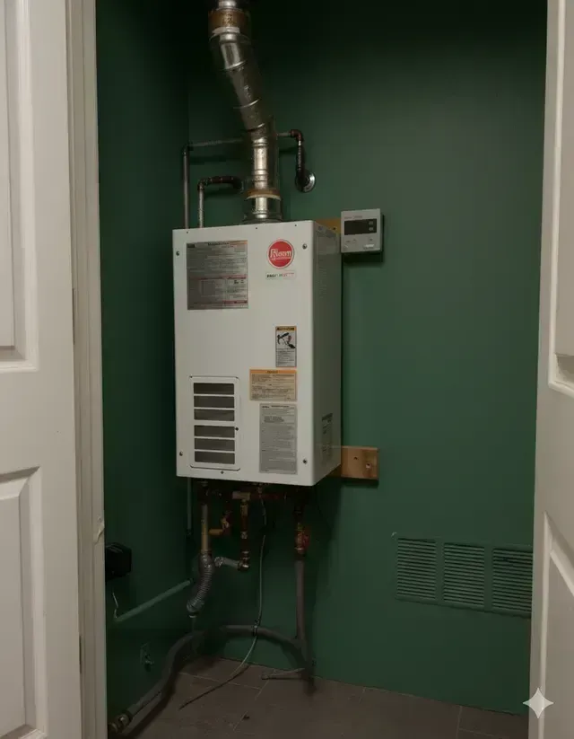 A white Rheem tankless water heater mounted on a green wall inside a closet with an exhaust pipe and digital control.