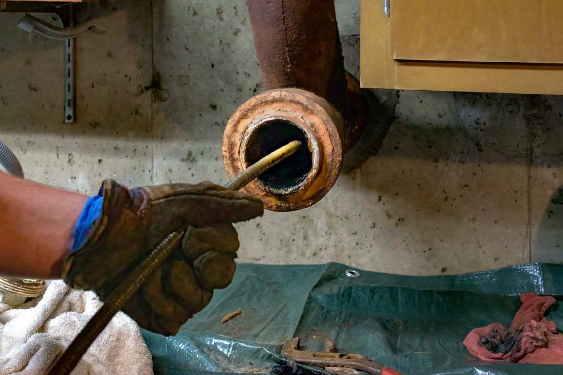 Gloved hand using a tool to clear a clogged pipe opening in a wall.