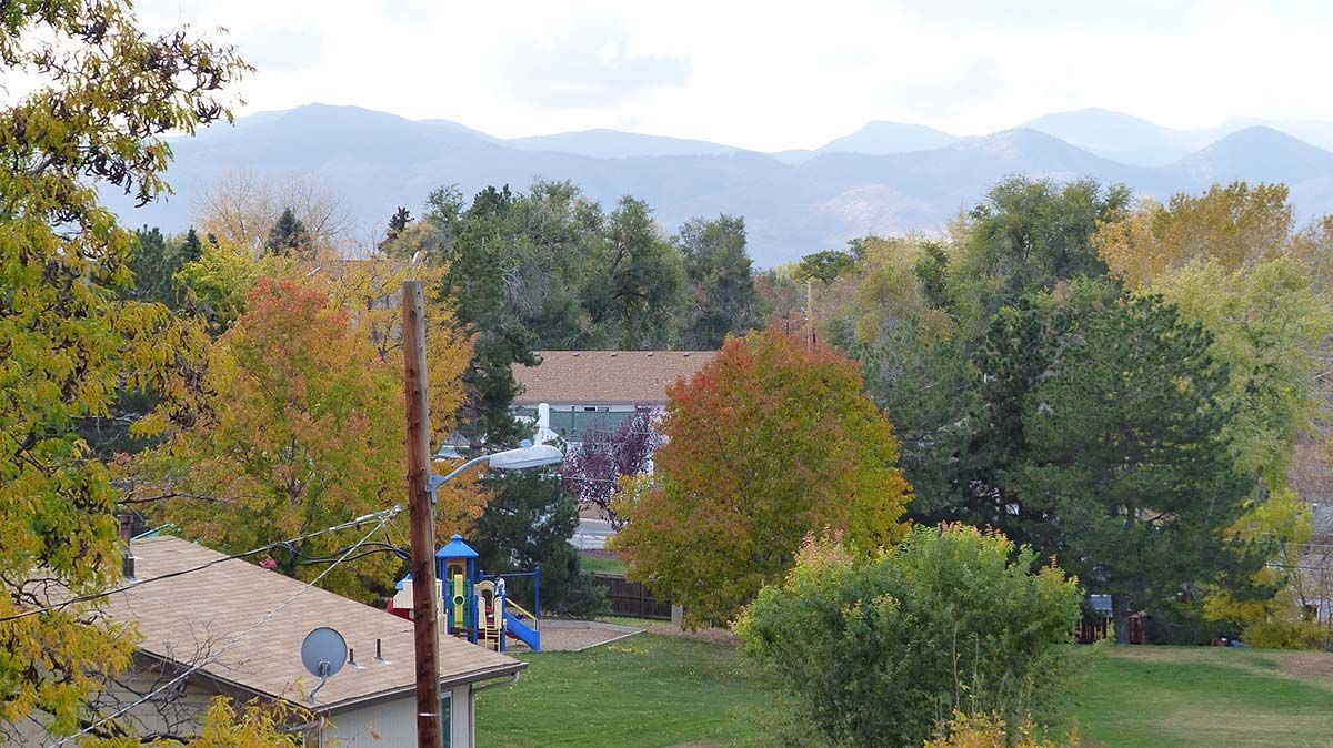 Residential neighborhood with autumn trees, a play structure, and mountains in the hazy background