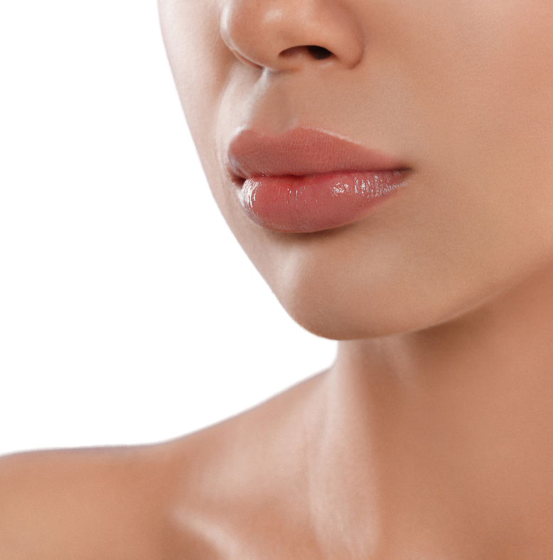 A close up of a woman 's mouth and neck on a white background.